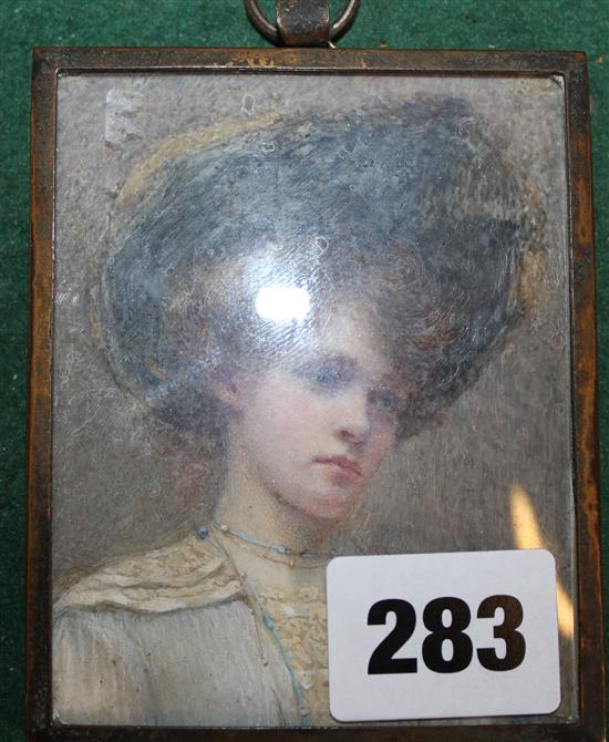 Edwardian painted miniature of a young female, monogram AR